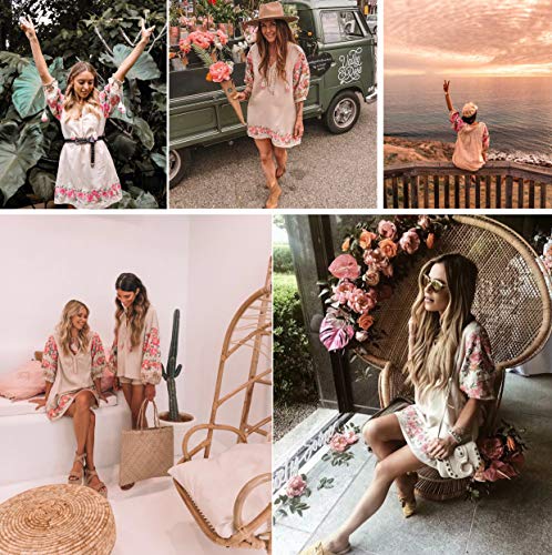 R.Vivimos Women's Autumn 3/4 Sleeve Cotton Linen Floral Embroidery Casual Tunic Dresses (XL, Beige)