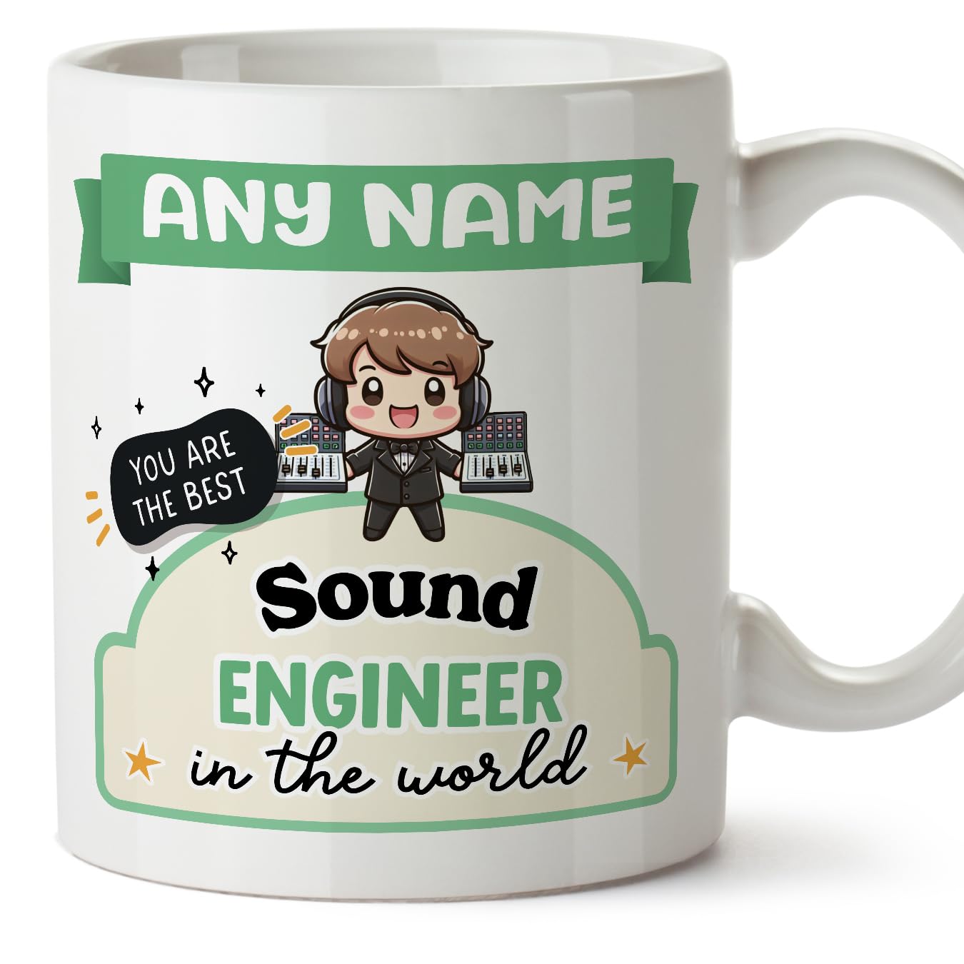 MUGFFINS Personalised Mug for Sound Engineer Man - in English - Best in The World - Kawaii - Funny Custom Gift for Colleagues - Ceramic 11oz Mug