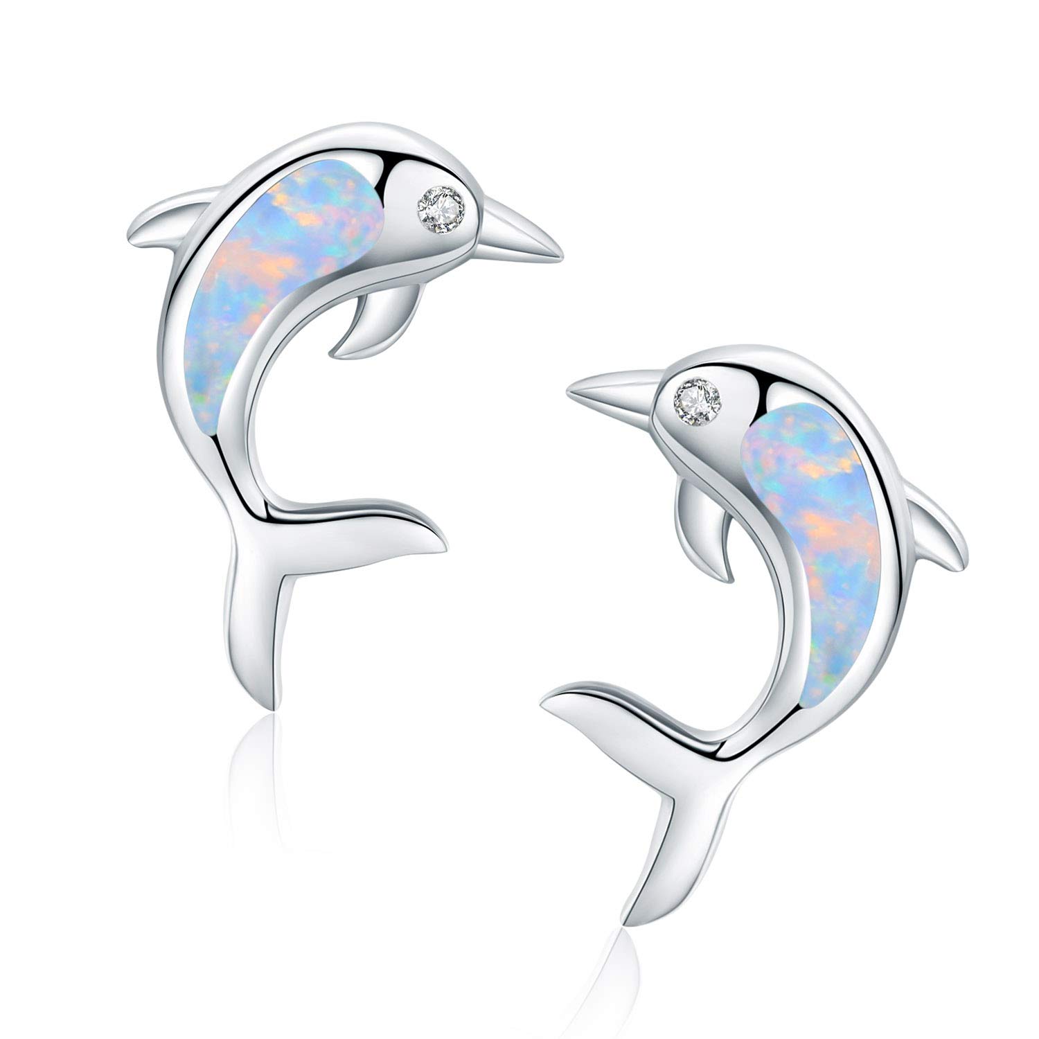 925 Sterling Silver Synthetic Opal Earrings Studs Hypoallergenic Dolphin Earrings Cute Birthday Jewelry Gift for Her