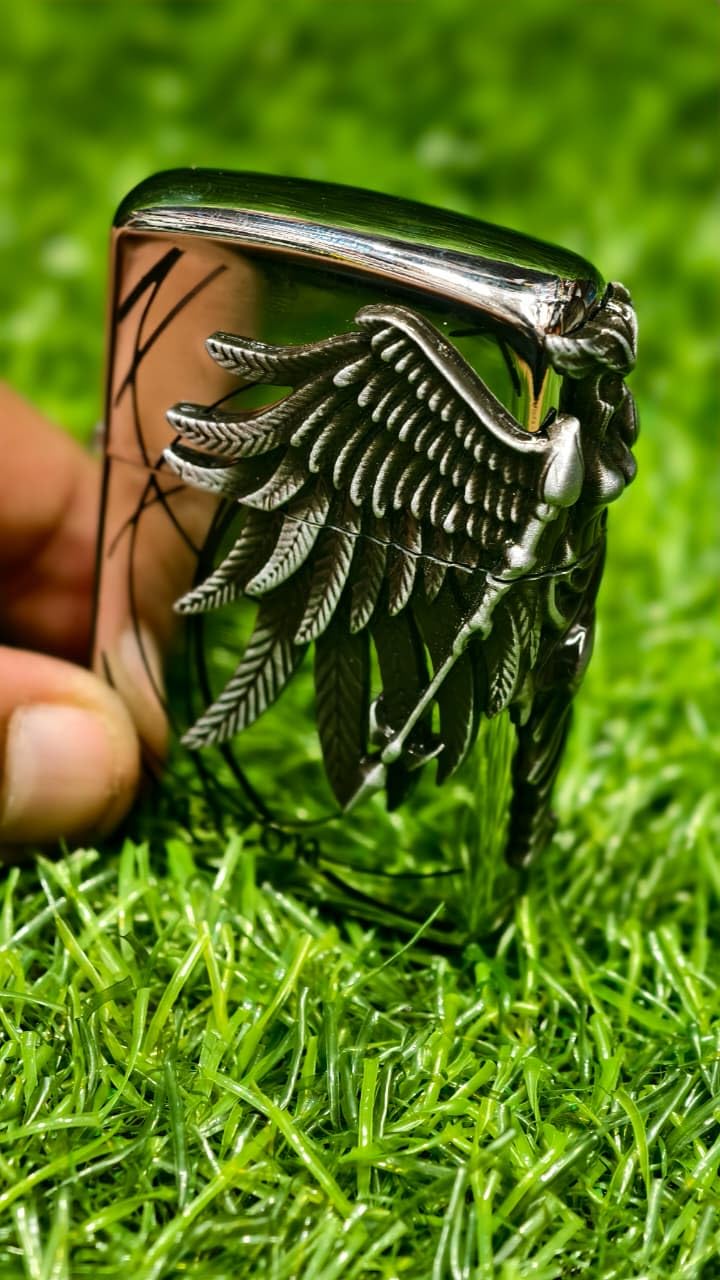 Metal Refillable Pocket Lighter with 3D Angel Wing Design | Silver Finish | Flip Top Butane Lighter | Decorative Pocket Lighter for Men & Women-image-17