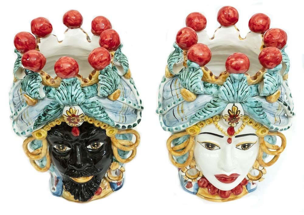 Generico Coppia teste di moro Caltagirone anelli in ceramica siciliana vasi grande H 30 cm