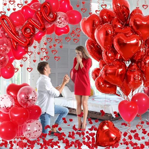 Image of Red Valentines Day Decorations with Red Heart Balloons and Love Balloon, Fake Rose Petals for Wedding Decor, Anniversary Decorations Romantic with red Latex Balloons and Heart Hanging Decor