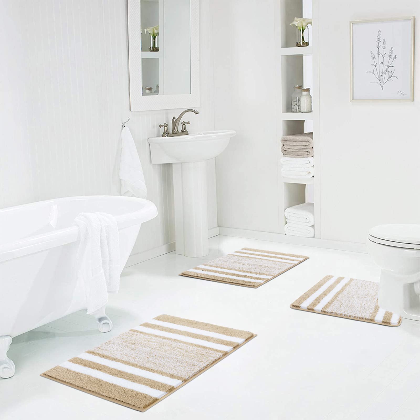 Pauwer Set di 3 tappetini da bagno ultra spessi, con fondo antiscivolo, assorbenti, tappetini da bagno e tappetino per WC, facili da pulire, lavabili in lavatrice, colore: beige