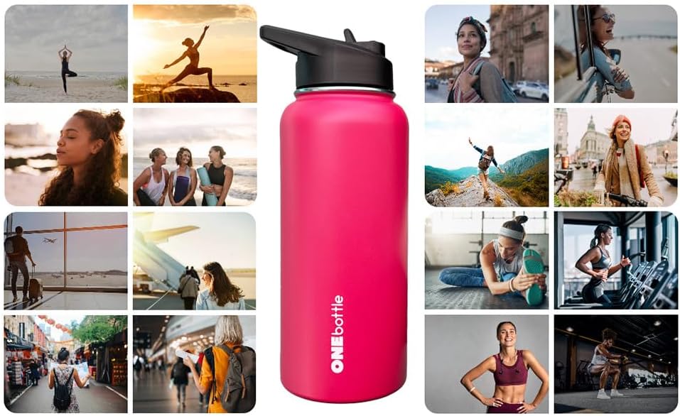 Miniatura 6 de Botella de agua con triple aislamiento, incluye 3 tapas (tapa con pajilla, boquilla, asa de mosquetón), a prueba de fugas, botellas de agua de 32