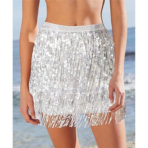 VSERETLOON Minissaia de franjas com lantejoulas e glitter cintura elástica mini saia para dança rave