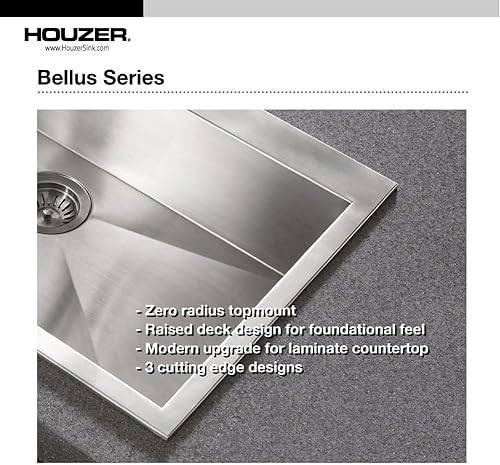 Miniatura 3 de Houzer Bellus Fregadero de cocina de acero inoxidable 33 pulgadas de montaje superior de 1 orificio 6040 doble cuenco con colador y rejillas,