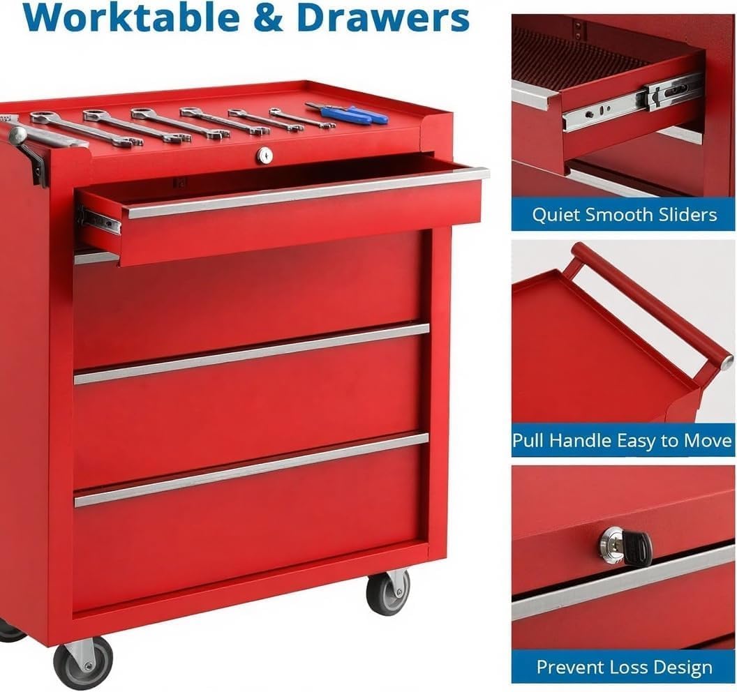 Professional Workstation Version 24" 4-Drawer Rolling Tool Chest - Lockable Storage Cabinet with Wheels for Workshop & Garage Organization
