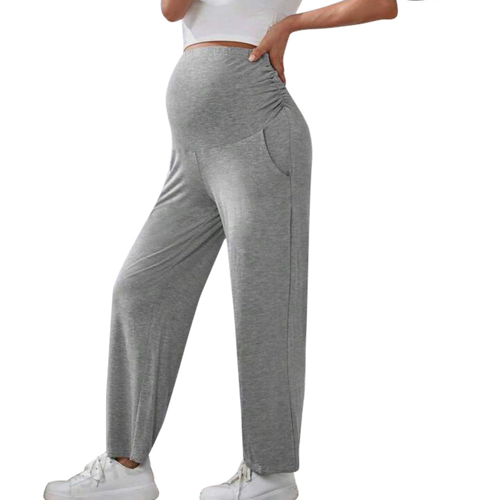 Generisch Umstandshose Damen Umstandsmode Lang Schwangerschaftshose mit Verstellbarer Bund Breite Gerade Bein Schwangerschaft Hosen mit Taschen Sommer Casual Lose Schwangere Schlafanzug Freizeithose