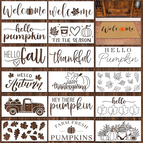 Dunzy 16 Pcs Fall Stencils for Door Mats Crafts Reusable Pumpkin Welcome Templates Large Hello Stencil for Autumn Thanksgiving Painting on Wood Sign Wall Doormat DIY Project
