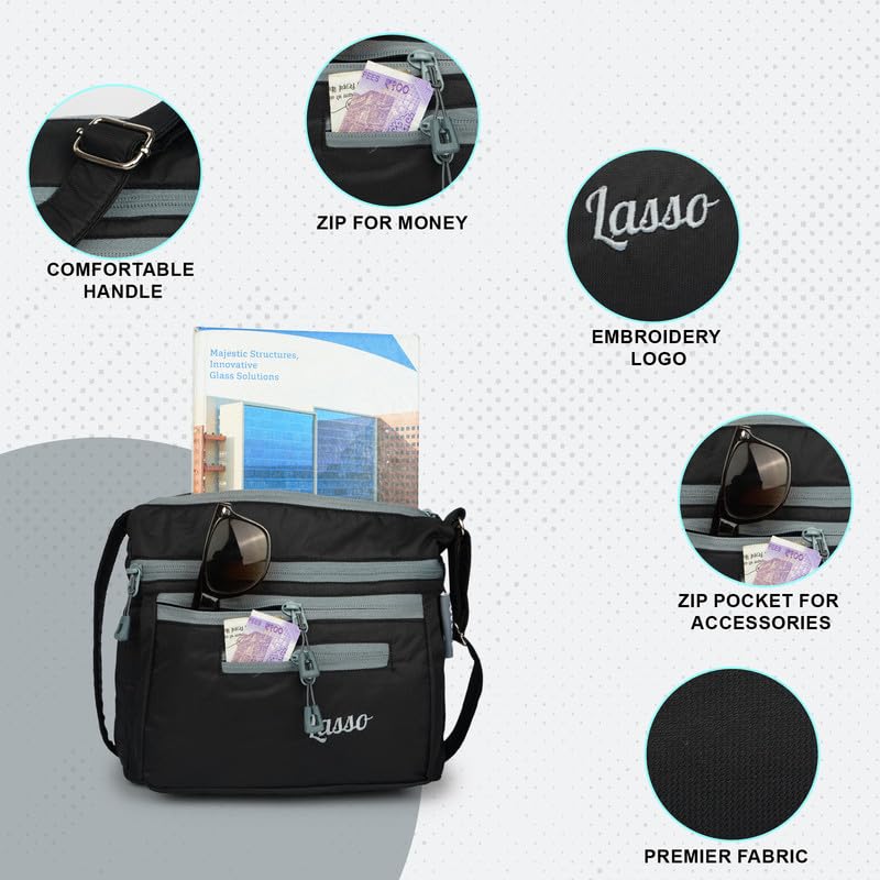 Image of Lasso Stylish Multi-Pocket Crossbody Waterproof Sling Bag For Women with Adjustable Strap | Stylish Ladies one side bag and purse for women & girls | 5 L Capacity & 5 Multiple Pockets with Zip