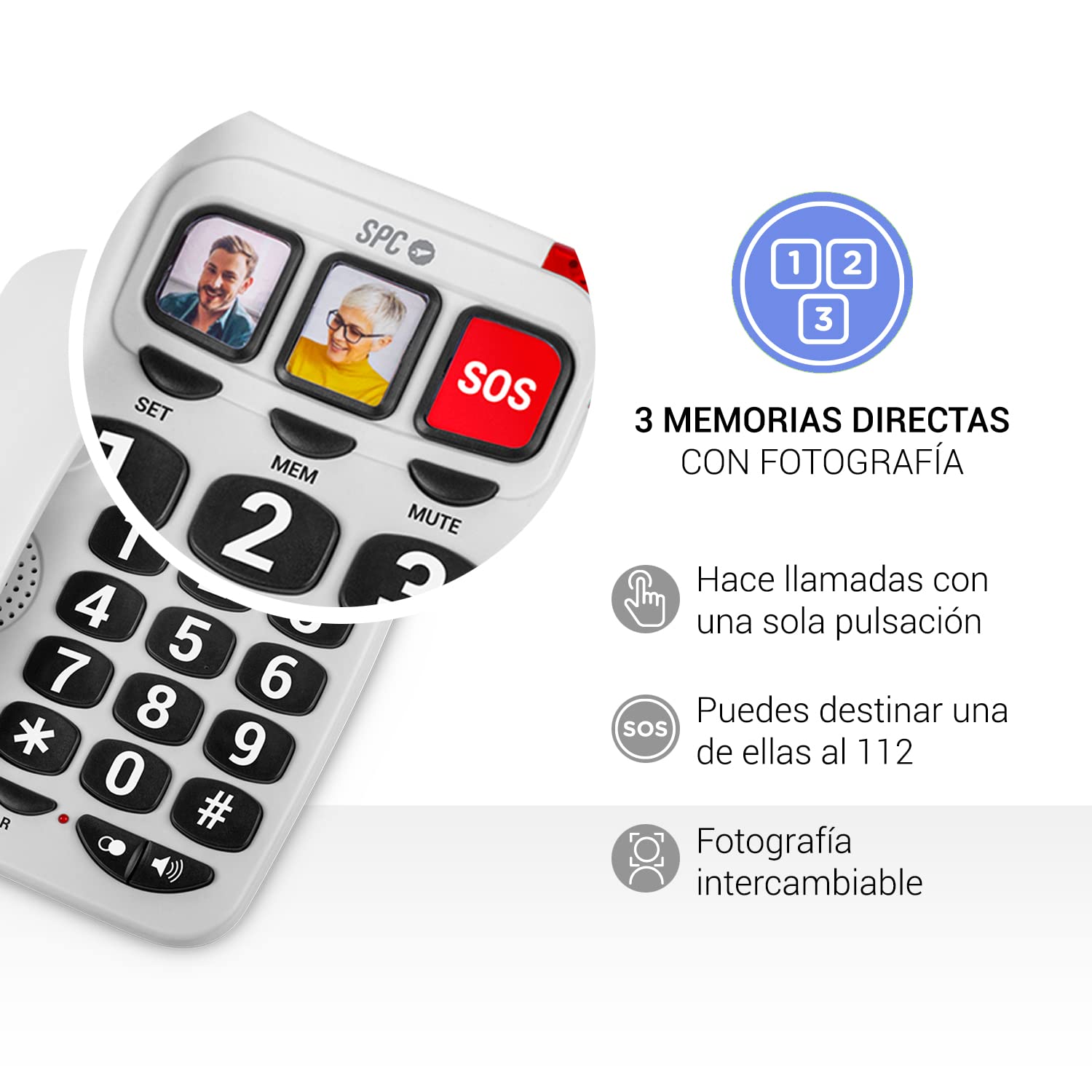 SPC Comfort Numbers 2 - Teléfono Fijo para Mayores con Teclas Grandes, 3 memorias directas con Foto, Volumen Muy Alto, Compatible audífonos, señal Luminosa, sobremesa o Pared - Blanco — view 3