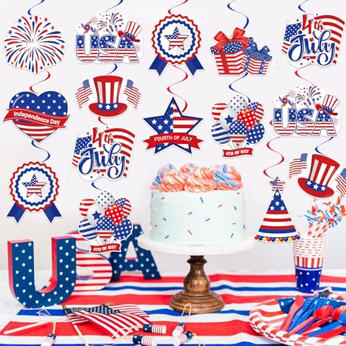 Image of 40Pcs 4th of July Decorations Hanging Swirls, Double Sided Independence Day Ceiling Hanging Decor Patriotic Streamers Foil Swirl for 4th of July Independence Day Patriotic Party Decorations