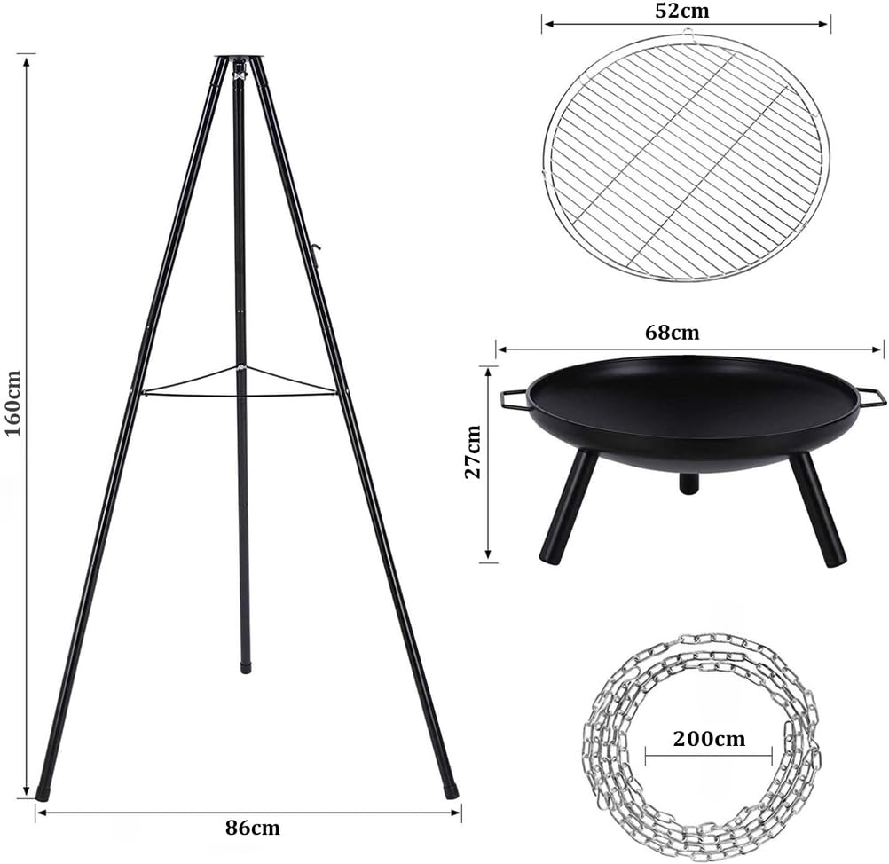 BBQ Barbecue con griglia sospesa Treppiede con Grill Giardino-Superficie della grigliacirca 58 cm- Campeggio Falò Esterno Braciere da con Griglia,Barbecue a carbonella