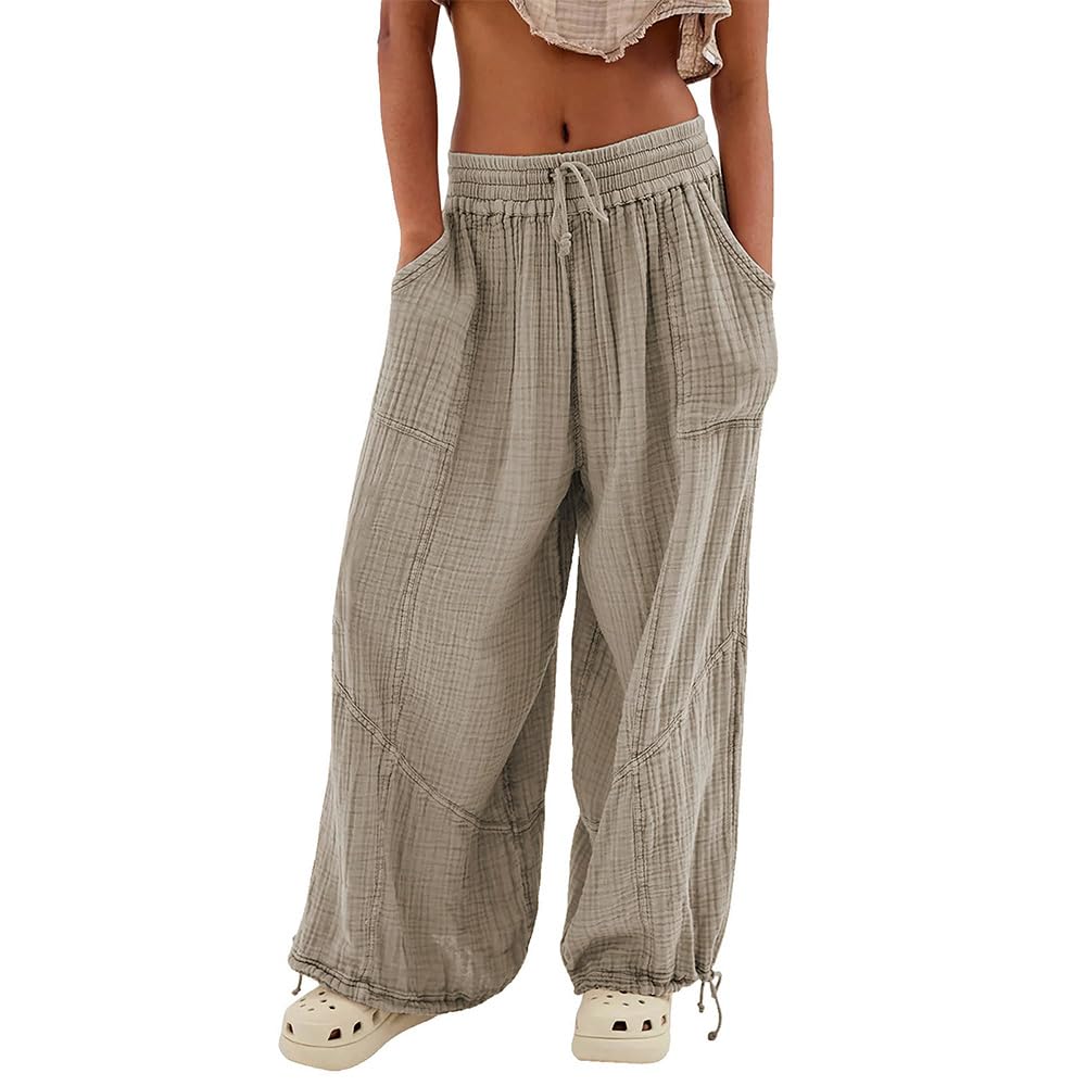 Womens Loose Fitting Palazzo Pants Pleated Drawstring Elastic Waist Solid Color with Pockets Relax Pants