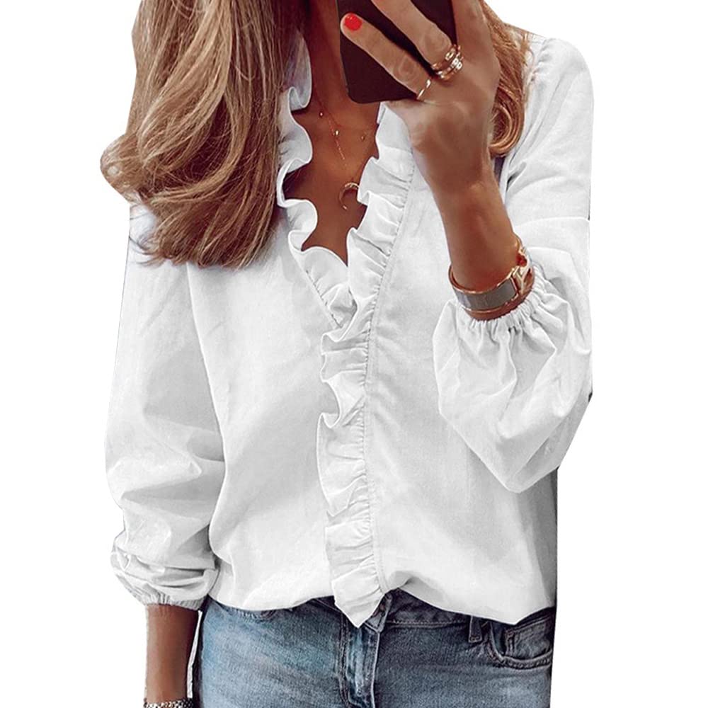 QKEPCY Blusa para Mujer Camisa de Mujer de Color Liso de Manga Larga Manga de Nueve Puntos Cuello en V Manga con Volantes para Mujer Blusa de Oficina de Estilo Casual