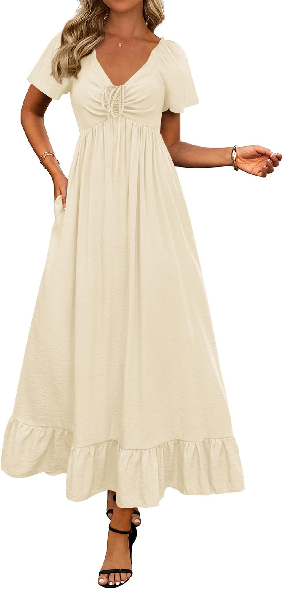 Womens Spring Dresses 2025 Casual Short Sleeve V Neck Drawstring Wedding Guest Maxi Dresses Boho Beach Long Dress