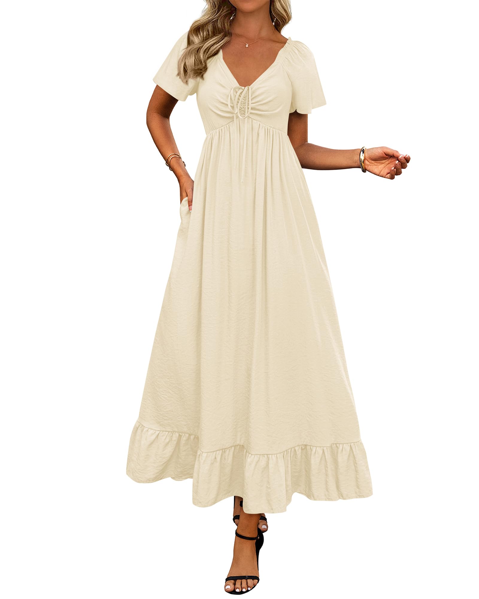 BTFBM Womens Summer Dresses Casual Short Sleeve V Neck Drawstring Wedding Guest Maxi Dresses Boho Beach Long Dress