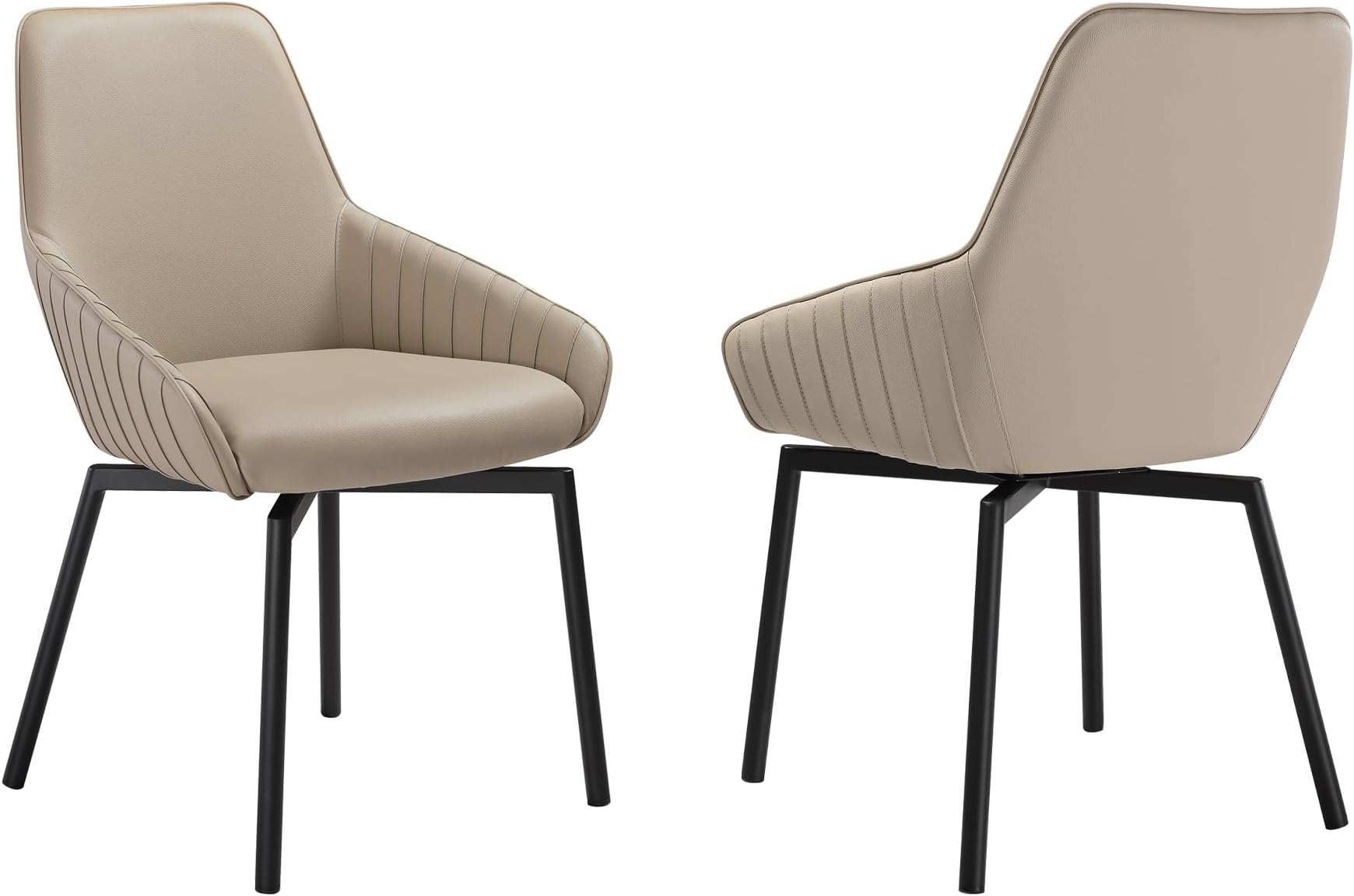 Armen Living Shilo Swivel Upholstered Dining Chair in Champagne Faux Leather with Black Metal Legs - Set of 2