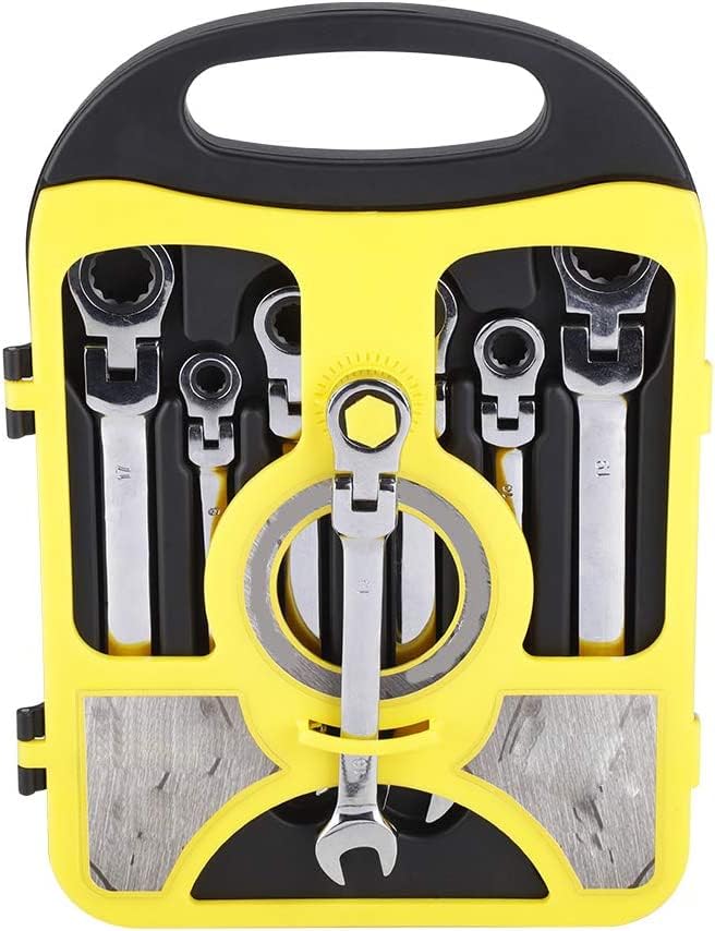 Image of Combination Ratchet Spanner Set, 7Pcs Flexible Head Multi-Functional Ratchet Combination Spanner Wrench 8-19mm Repair Tools Set with Open End Spanner and Carry Case for Cars Bicycles