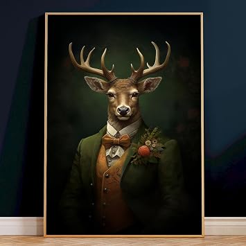 Deer Canvas Wall Art Mr Deer Posters Animal Vintage Portrait Canvas Poster Classic Animal Art Mancave Moody Pictures Dark Academia Animals Print Funny Wildlife Painting for Living Room Decor 16x24inch No Frame
