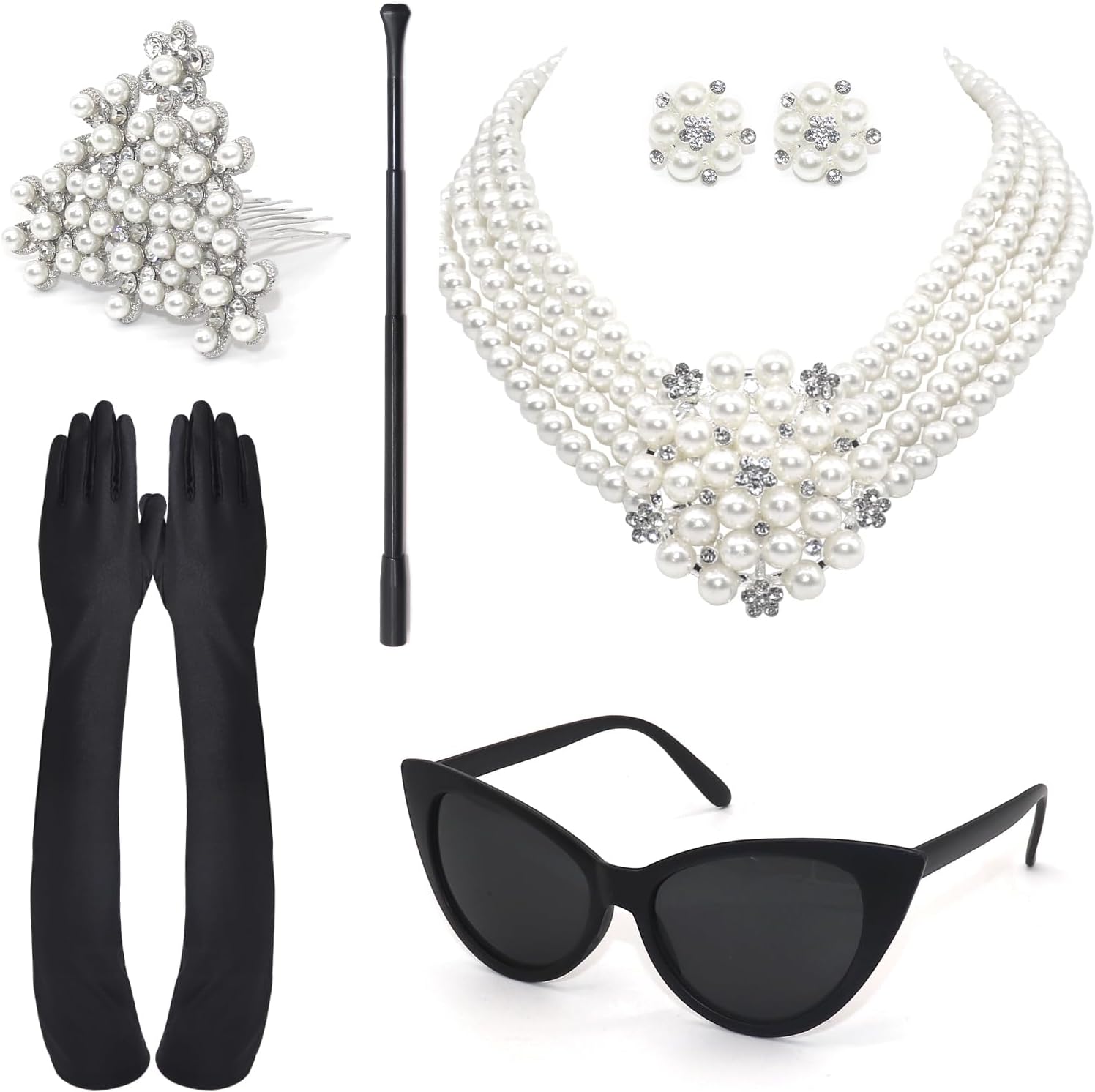 6PCS 60s Retro Accessories, Fancy Dress Jewellery with Pearl Necklace Tiara Earrings Gloves Sunglasses Holder, Pearl Halloween Costume for Cospaly Carnivals Birthday Party