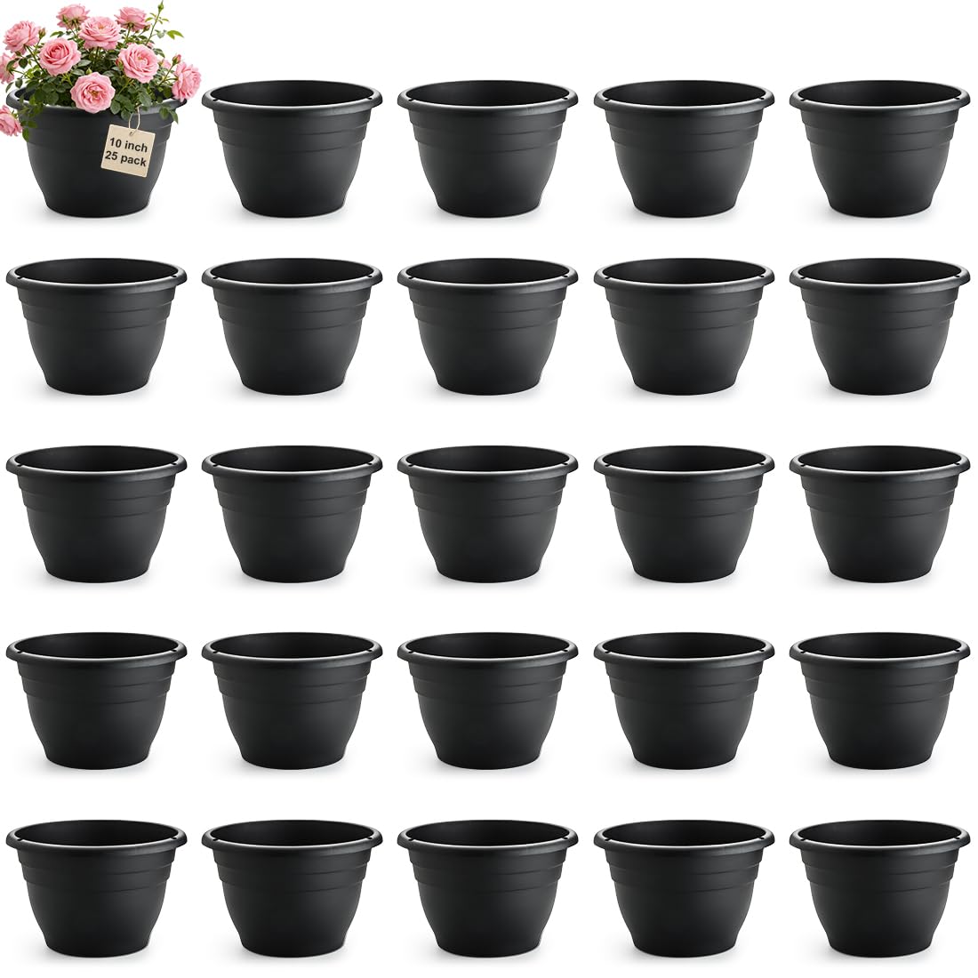 RooTrimmer 25 Pack 10 Inch Plant Pots with Drainage Holes,Black Plastic Flower Pots for Indoor &amp; Outdoor Plants,Durable Lightweight Planters for Flowers,Herbs &amp; Gardening