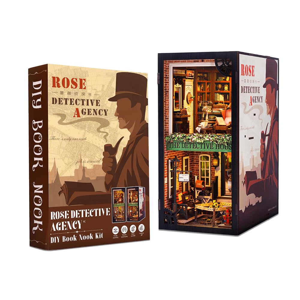 CUTEBEE DIY Book Nook Kit casa delle bambole con copertura antipolvere miniatura diorama booknook kit con luce LED,3D kit di modellazione in legno,da costruire (Rose Detective Agency)