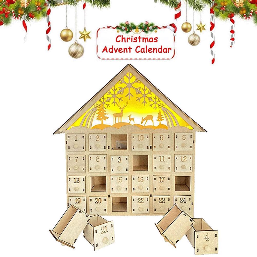 Holz Weihnachten Adventskalender, 24 Tage Adventskalender LED Holz Countdown bis Weihnachtskalender, leuchtet DIY Adventskalender Leere Box für Weihnachten Urlaub