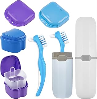 8Pcs Denture Case Kit, 2 Denture Bath Case Cups, 2 Dual-Headed Denture Toothbrushes, 2 Portable Brush Boxes, 2 Retainer Holder Boxes, Dentures Holder for Travel Retainer Cleaning (Blue)