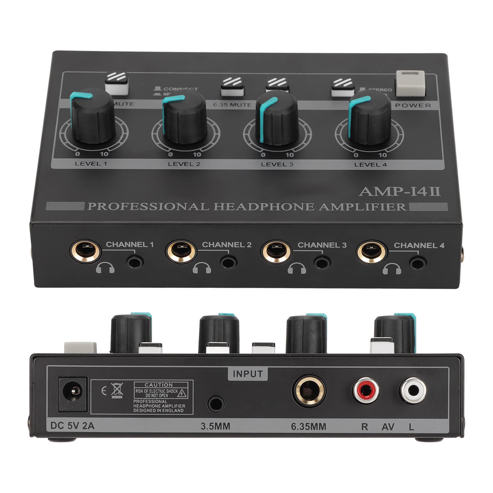 AMP14II Amplificateur de Casque 4 Canaux, Amplificateur de Casque Stéréo Compact 4 Voies avec Adaptateur 12 V 2 A, Distorsion Minimale pour Studio et Scène (Prise UE)