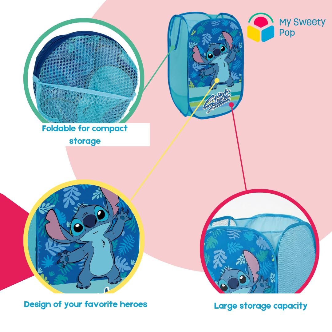 Cesto portabiancheria per bambini Lilo e Stitch | Organizer in tessuto rettangolare | Vassoio per giocattoli pieghevole con manici | 36 x 36 x 58 cm | Decorazione per camera da letto