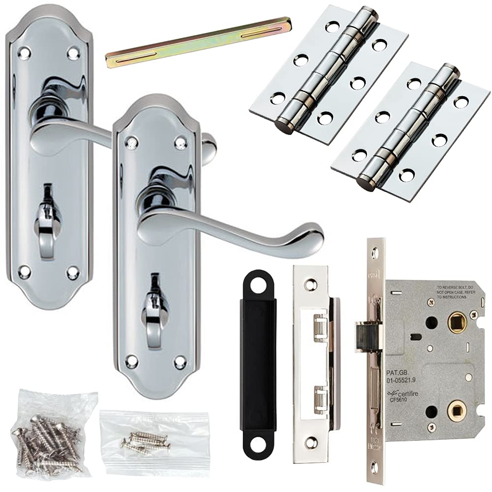 Loops Chrome Scroll Door Handle & Bathroom Lock Pack - Upturned Thumb Turn Backplate - Polished Chrome Finish - New