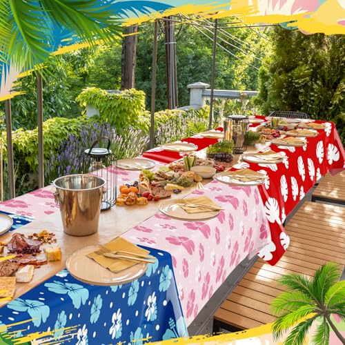 Image of Oudain 6 Sheets Hawaii Hibiscus and Tropical Leaves Tablecloth Birthday Party Decorations Blue Alien Cartoon Table Covers for Birthday Party Supplies