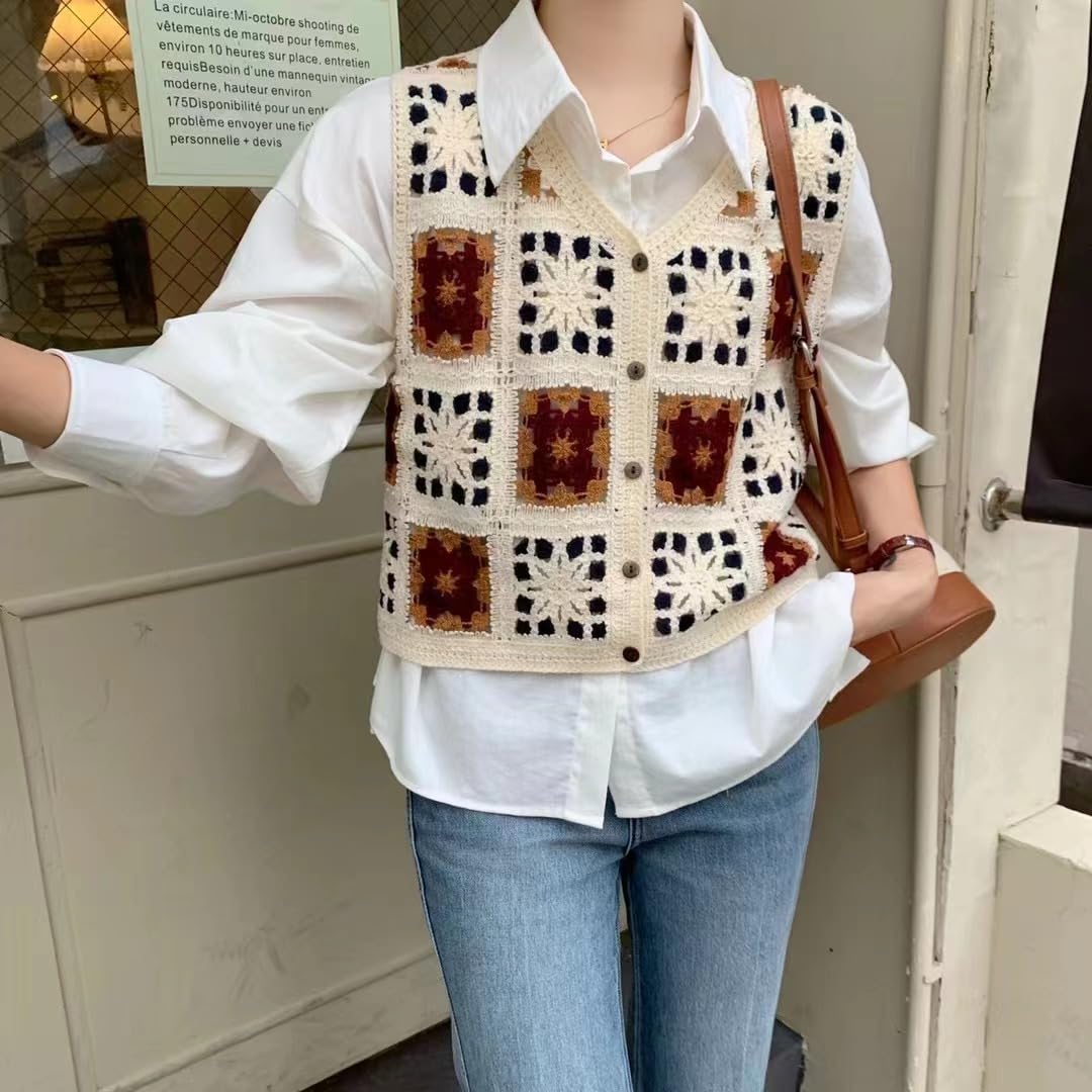 ICW Women Hollow Out Sleeveless V-Neck Floral Knitted Crochet Waistcoat Top Vest Cardigan Dn89 (IN, Alpha, S, Regular, Brown) - Image 6 thumbnail
