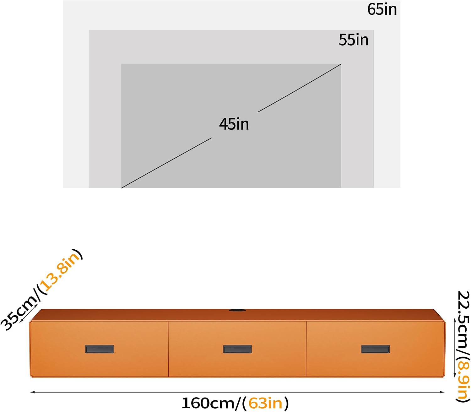 VICITON Floating TV Stand, Modern Wall Mounted Entertainment Center with 3 Drawers for Living Room Media Console (Orange, 63") Orange 63"