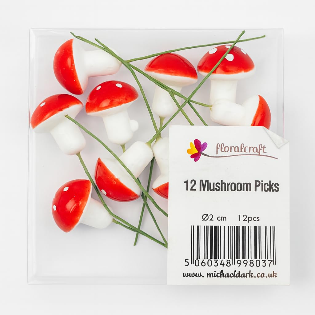 Floralcraft® Mushroom Picks – Box of 12 Red Toadstool Picks on Wire | 2cm Decorative Craft & Floral Picks for Wreaths, Bouquets, Christmas & Easter Decor