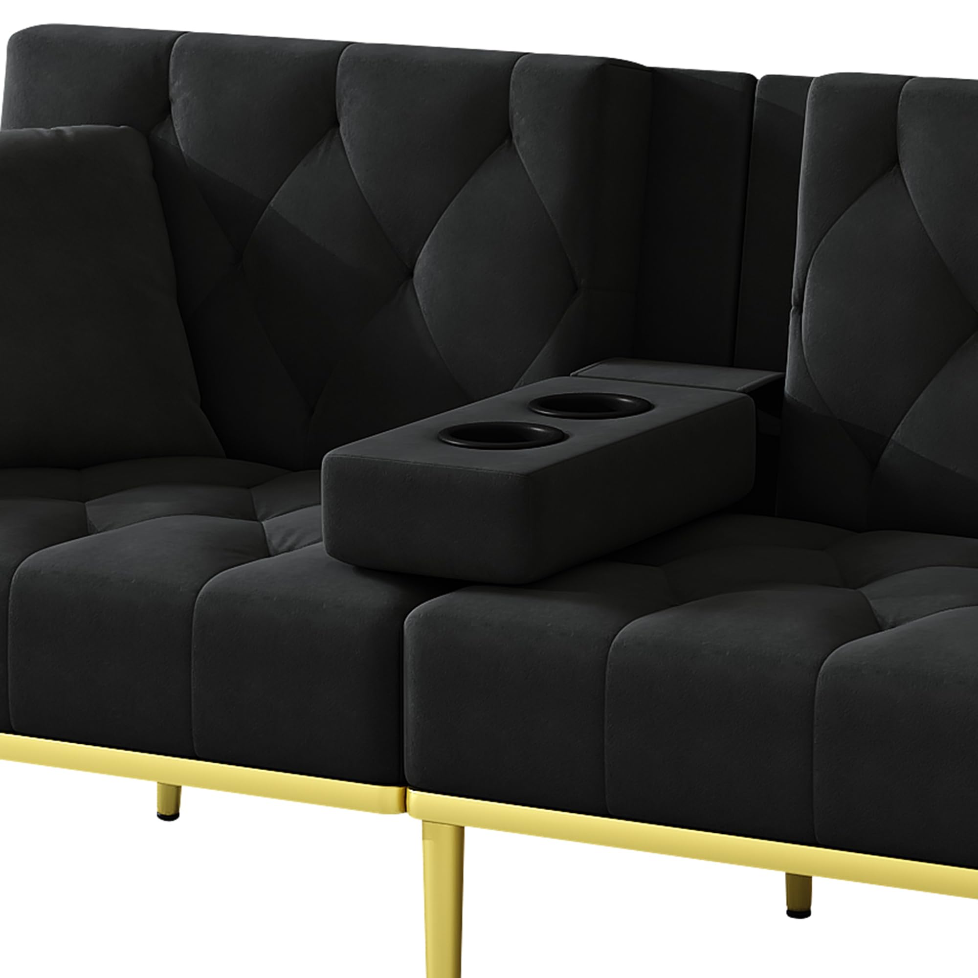 Sofá cama de 2 plazas con respaldo ajustable, moderno sofá tapizado con patas doradas, puertos USB, soporte para teléfono móvil, sofá plegable multifuncional para salón (negro)