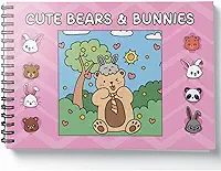 Livro de Colorir Cute Bears & Bunnies, 50 Ilustrações, Capa Dura Rosa com Folha de Acetato, Papel Alta Gramatura