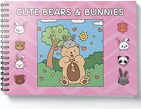 Livro de Colorir Cute Bears & Bunnies, 50 Ilustrações, Capa Dura Rosa com Folha de Acetato, Papel Alta Gramatura