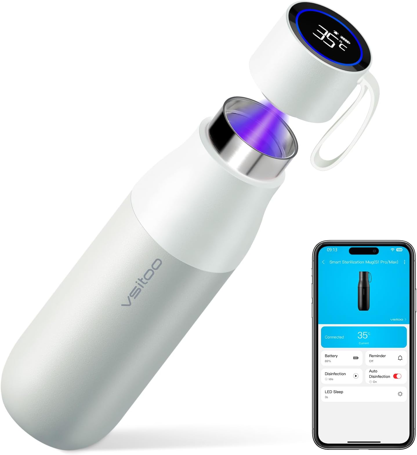 15oz Smart Self Cleaning Water Bottle,Insulated Water Bottle with Stainless Steel, BPA-Free, AI Self-Clean, 30-Day Battery, Magnetic Charging for Travel, Gym or Office, White