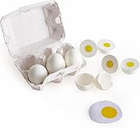 Vista 1 de Hape Egg Carton 3 Hard-Boiled Eggs with Easy-Peel Shell & 3 Fried, Wooden Realistic Educational Toy for Children 3+, White and Yellow (E3156)