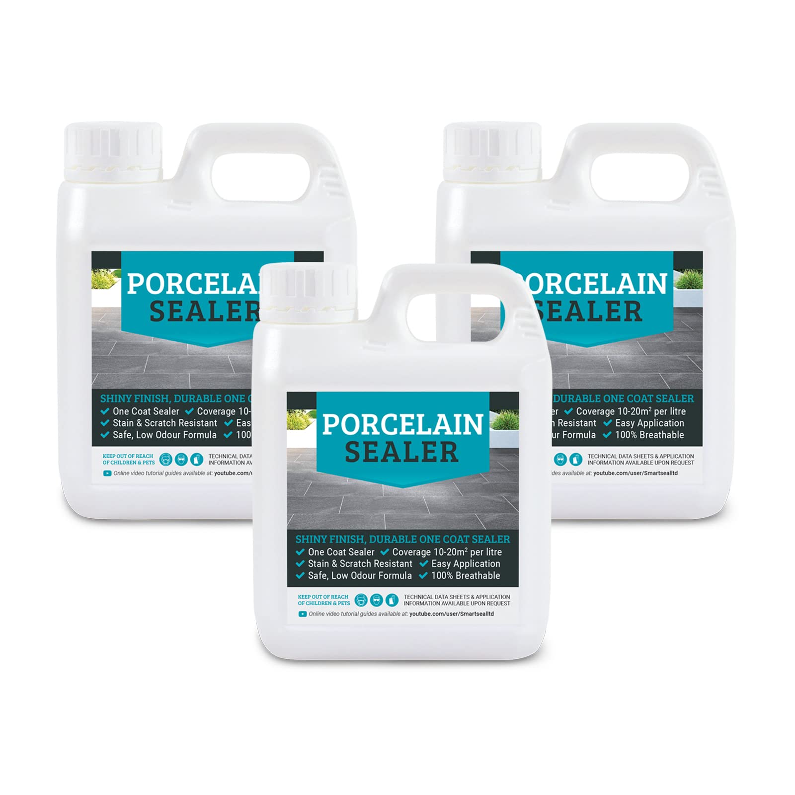 SmartSeal Porcelain Tile Sealer - 3 x 1L - Breathable, One Coat, Wet Look Porcelain Sealer for Internal & External Use. Protective, Ceramic Tile Sealant for Patios, Paths, Walls & Floors