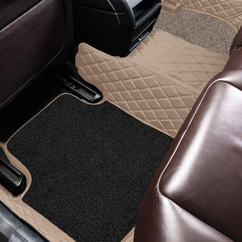 Image of 7D Car Foot Mat for Nissan TEKTON - 5 Seater | Beige with Black | Premium Leatherette | Imparts Luxurious & Elegant Look | 100% Waterproof and Dust Proof | Custom Fitted Car Floor Tray Mat