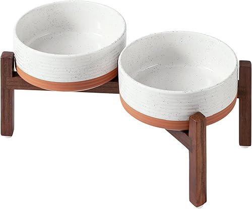Miniatura 36 de Juego de cuencos dobles elevados de cerámica de 6.1 pulgadas con soporte de madera de acacia, 2 alturas elevadas, cuencos para alimentos y agua para