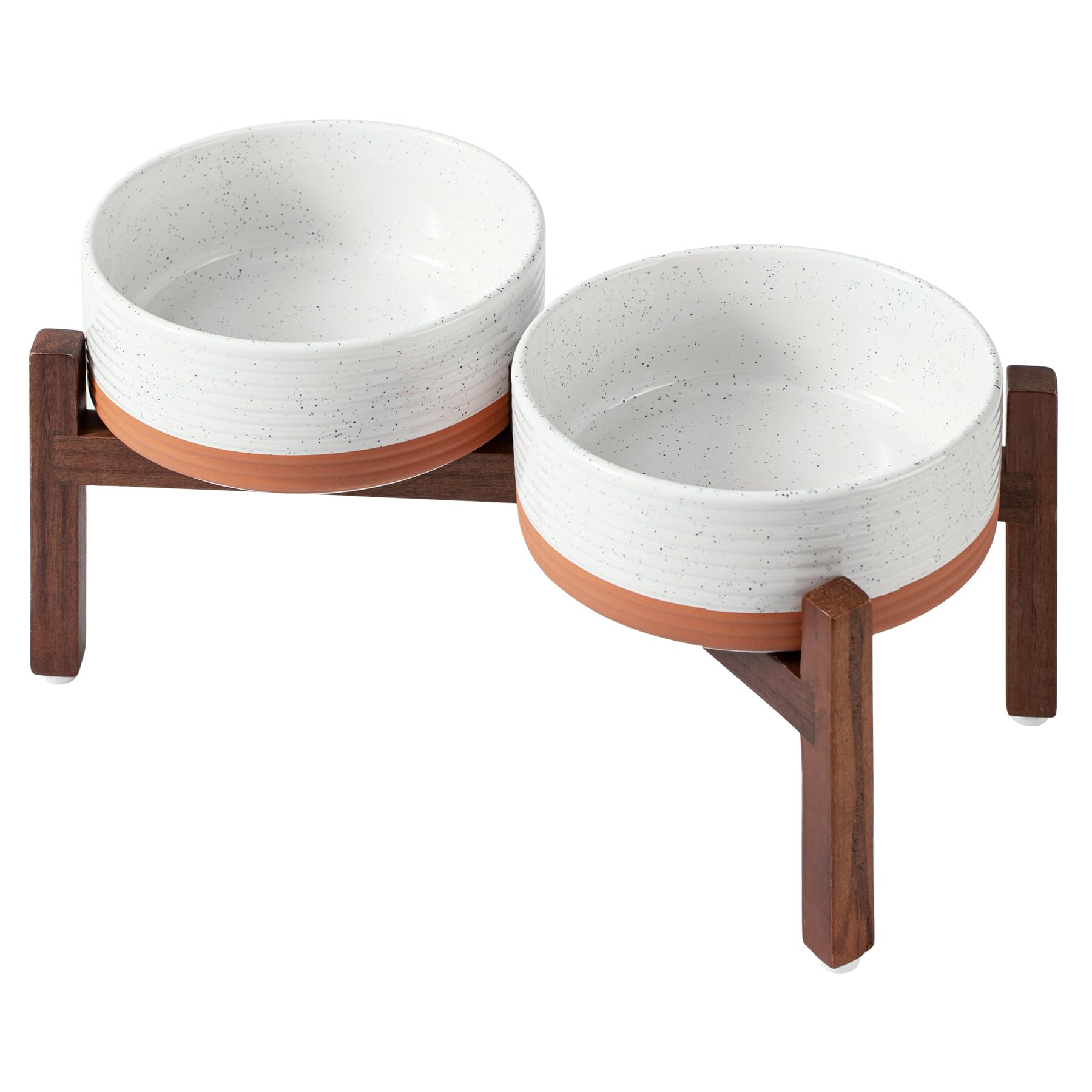 Havniva Ceramic 7.3inch Raised Double Dog Bowls Set with Acacia Wood Stand, Food & Water Bowls for Medium Breed Dogs, Weighted Pet Dishes(41oz, Vanilla White)