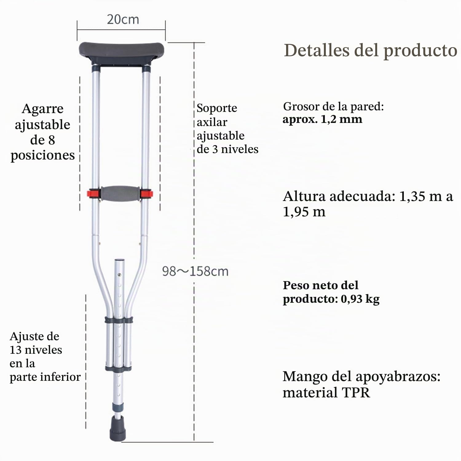 Axila Muletas,Bastón Universal De Aluminio,Ayuda para Caminar con Bastón,con Almohadilla Suave para La Mano,Ajustable De 98 a 158 Cm,Ligero,Apto para Personas con Movilidad Reducida(1 Par)