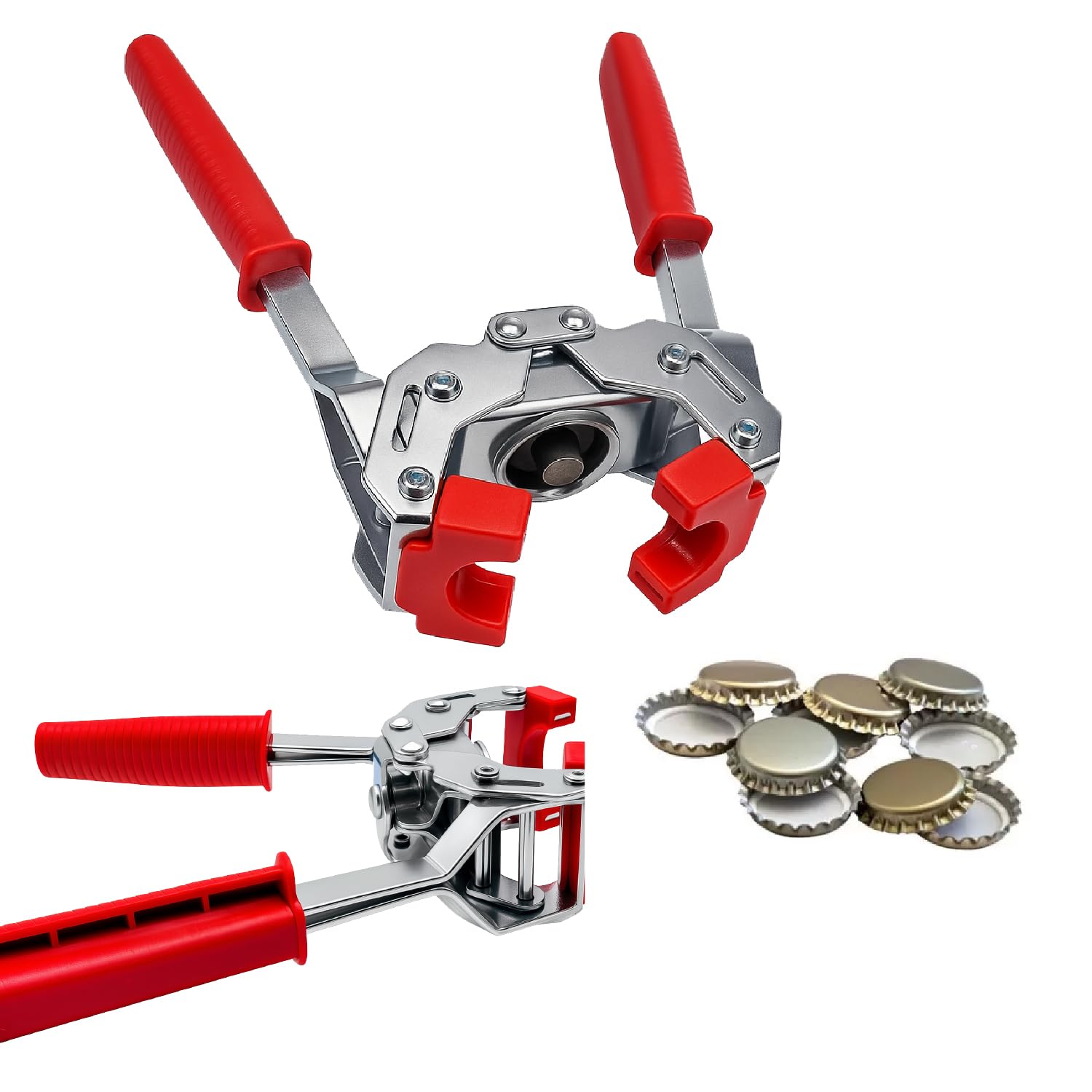 Crisalide® - Tappatrice a Due Leve per Tappi a Corona Ø 26,5 mm, Inclusi 100 Tappi a Corona da Bollitura, Impugnatura Ergonomica per Vino Birra Conserve