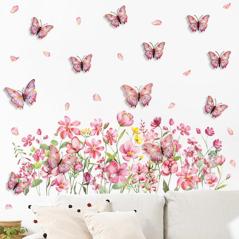 4 Sheets Watercolor Flower 12 and 3D Colorful Butterflies Wall Stickers,Wildflower Plants Glass Doors and Windows Waterproof Wall Decals Decor Nursery Home Living Room Bedroom Kindergarten