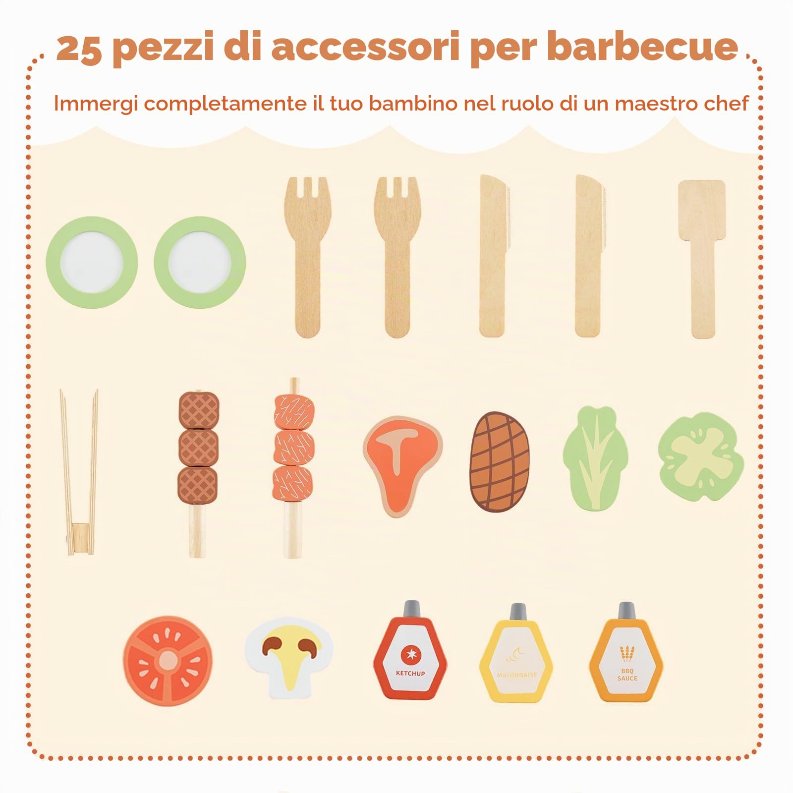 HOMASIS Cucina per Bambini da Esterno, Cucinetta da Gioco con Griglia, Lavagna e Lavello, Cucina Giocattolo con 27 Accessori per Bambini dai 3+ Anni in su, Naturale