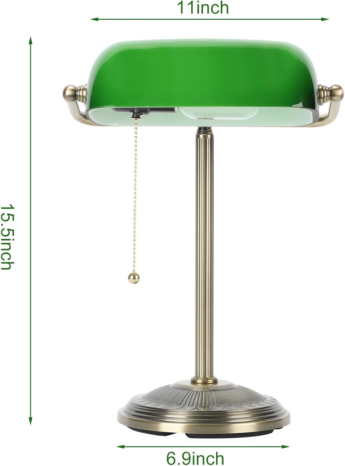 NISSAFORS Bankers Desk Lamp, Green Glass Shade, Vintage Desk Lamp with Pull Chain Switch, Retro Table Lamps for Home Office (Brass+Green, Small)